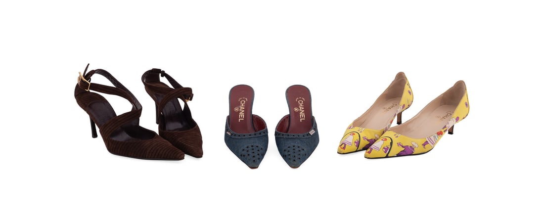 Chanel, Three Pairs of Pointed Toe Heels: Chanel (French, founded 1910). Group of three pairs of women's heels comprising one pair of pumps in yellow satin with "little people" print depicting children playing and walking, 1.75" kitten heel, 