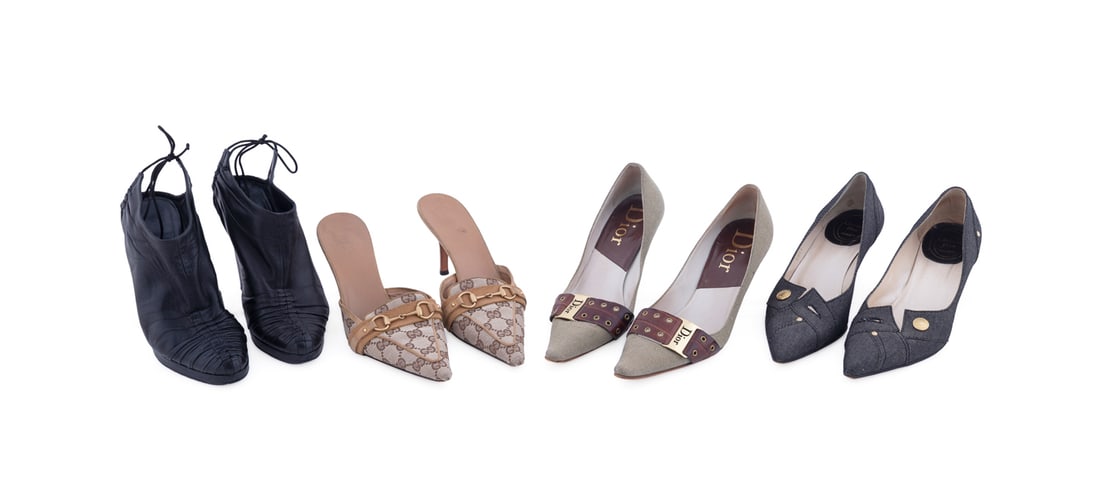 Dior and Gucci, Four Pairs of Closed Toed Heels: Dior (French, founded 1946) and Gucci (Italian, founded 1921). Comprising a pair of Dior denim kitten heel pumps with a pointed toe and decorative jean button clasp detail, a pair of Dior green pointe