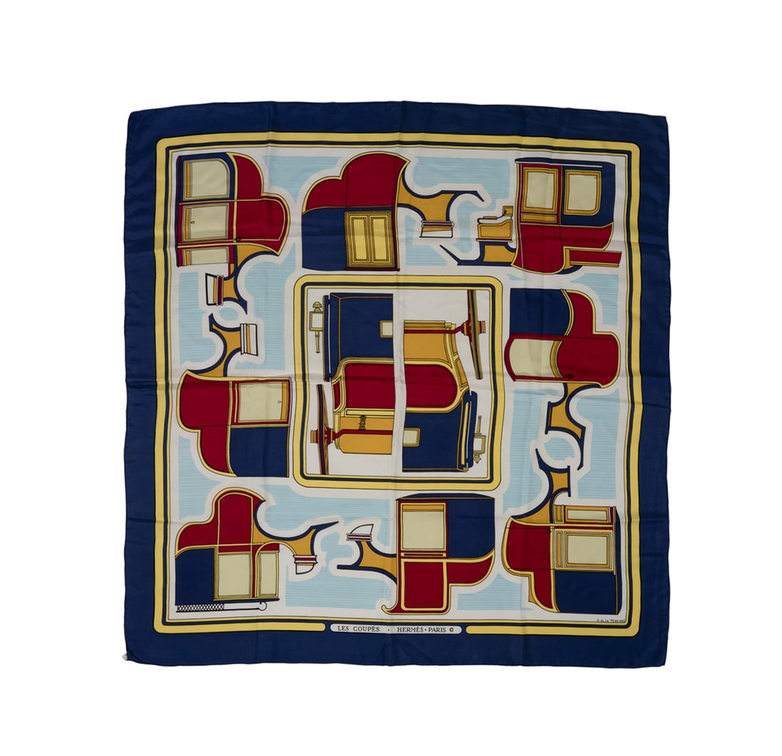 Hermes, "Les Coupes" Silk Scarf, Navy: Francoise de la Perriere for Hermes (French, founded 1837), 1970s. "Les Coupes" 100% silk scarf, in navy and light blue, appropriately marked, original care tag to LL. Approximate dimensions: 35 x 34 