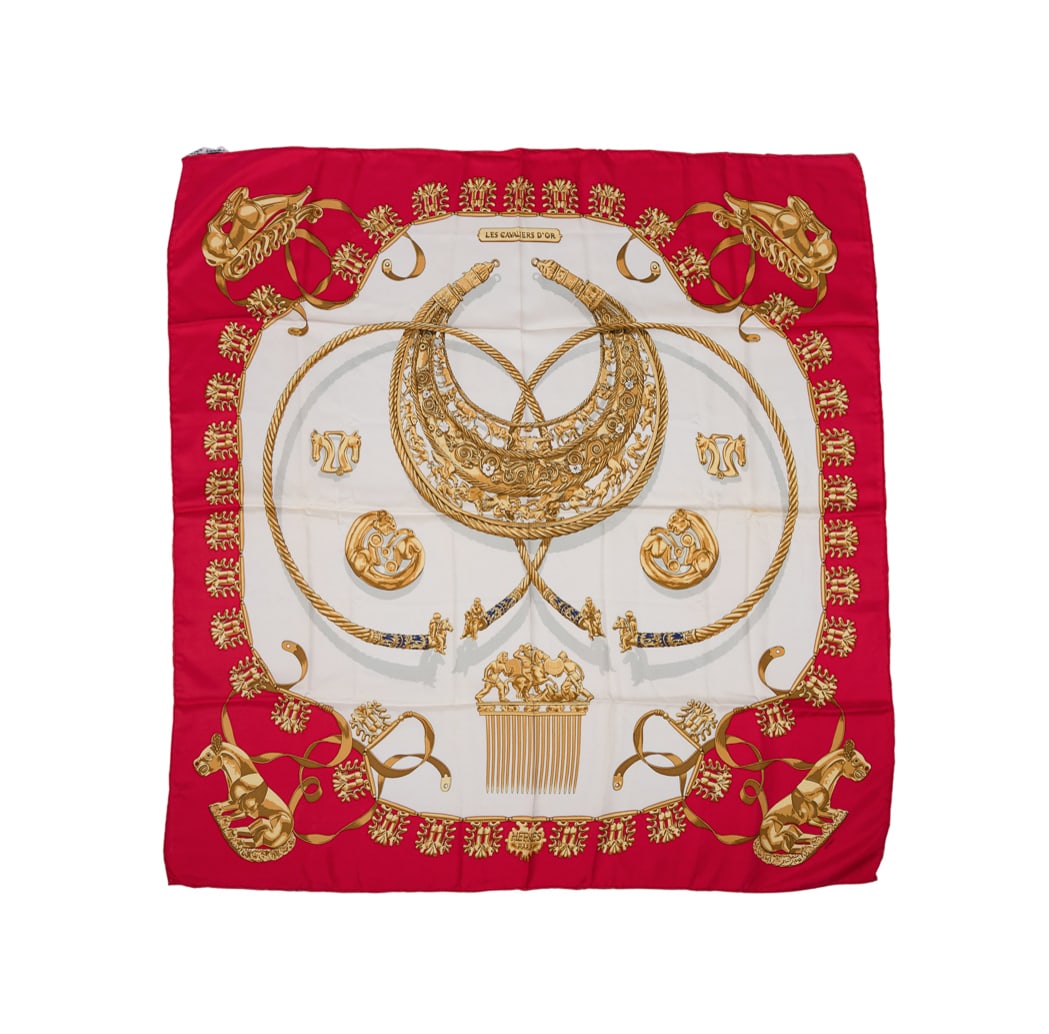 Hermes, "Les Cavaliers d'Or" Silk Scarf: Vladimir Rybaltchenko for Hermes (French, founded 1837), early 1990s. "Les Cavaliers d'Or" 100% silk scarf, appropriately marked, care tag to UL. Approximate dimensions: 35 x 34 in. (88.9 x 86.4 cm.) 