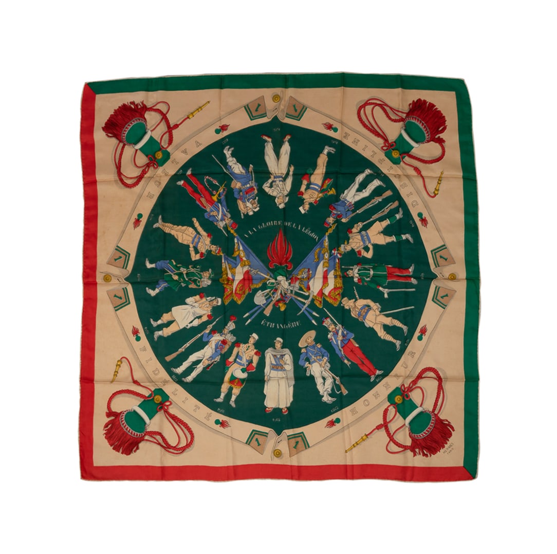 Hermes, "A La Gloire" Silk Scarf, 1950s: Hugo Grygkar for Hermes (French, founded 1837), 1950s. Vintage "A La Gloire de la L?gion Etrang?re" silk scarf, appropriately marked, no apparent care tag. Approximate dimensions: 33 x 33 in. (83.8 x 