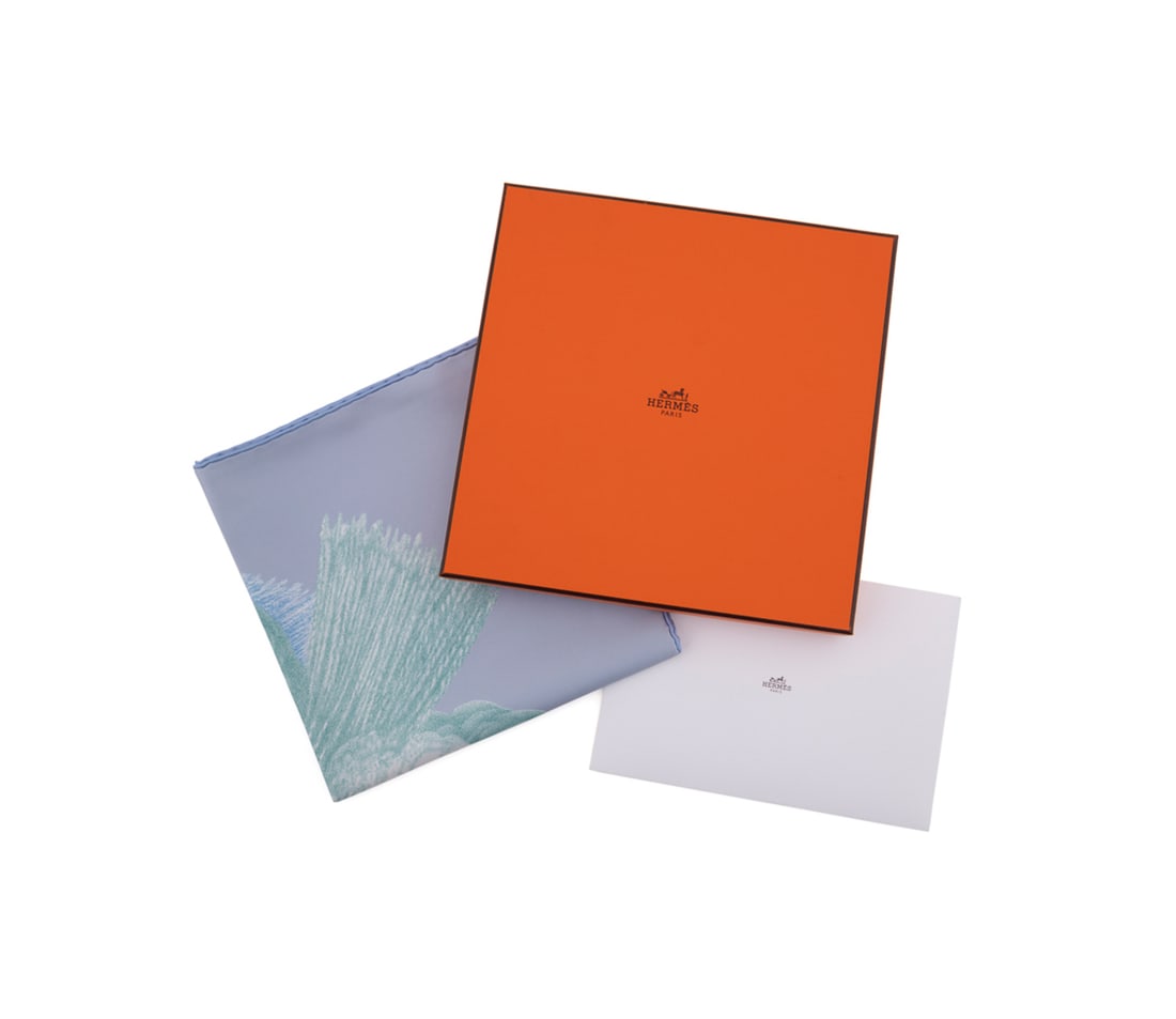 Hermes, "Plumets et Panaches" Silk Scarf: Florence Manlik for Hermes (French, founded 1837). ""Plumets et Panaches" 100% silk scarf in glacier blue, green, and gray, appropriately marked, with original care tag, with orange Hermes box and ori