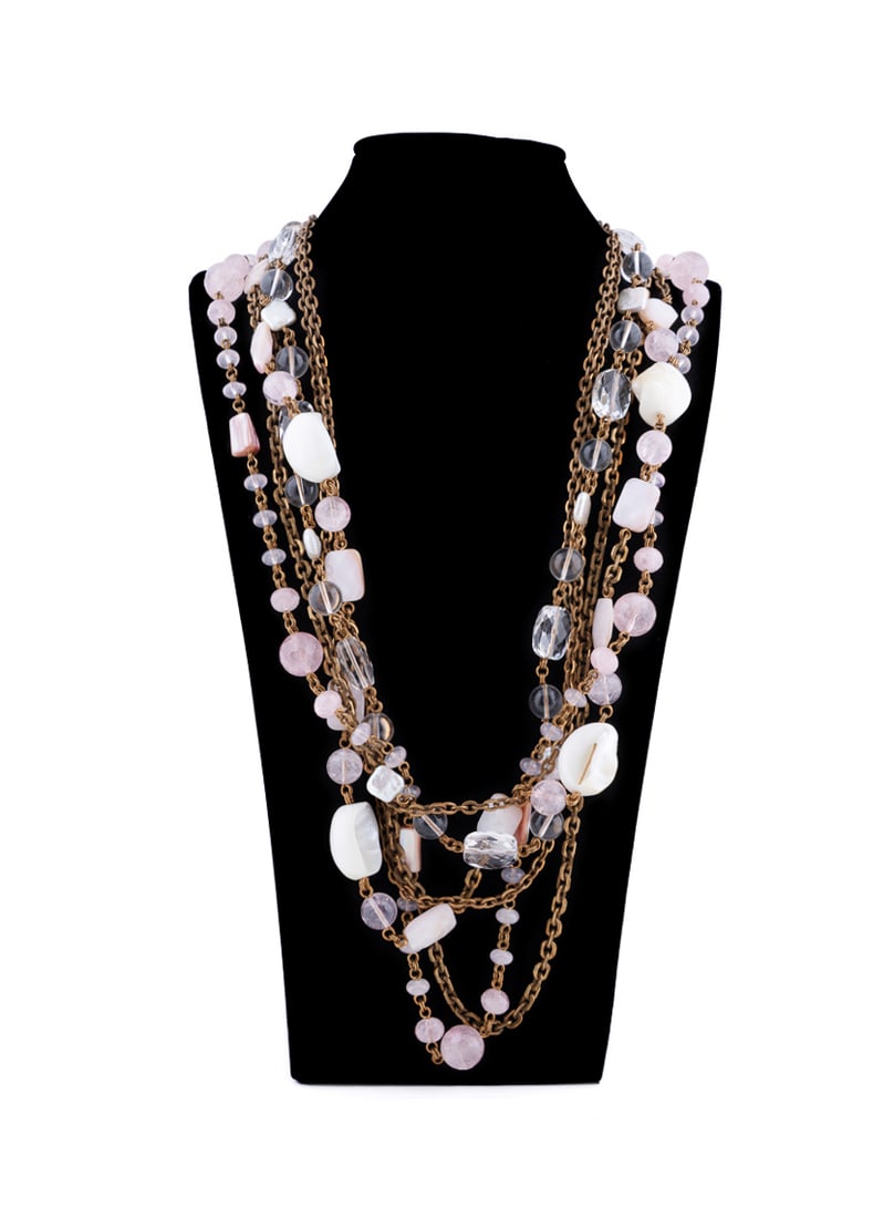Stephen Dweck, Quartz, Crystal & Shell Necklace: Composed of five strands consisting of polished and faceted rose quartz beads, crystal beads and shell, on bronze toned metal chain necklace. Stamped 'Stephen Dweck'. Approximate dimensions: Length: