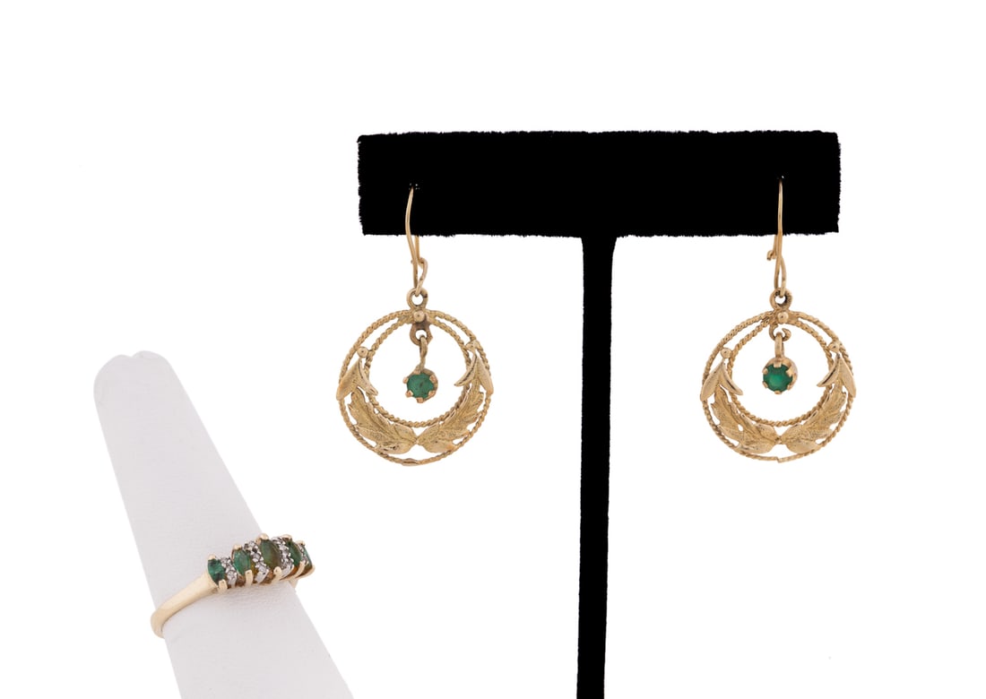 3PC Emerald & YG Jewelry Group; Earrings & Ring: Comprising one emerald and diamond band ring in 10k yellow gold and a pair of wreath motif wire-back earrings with small round emeralds in 14k yellow gold. Ring stamped "10K P" and earrings apparently