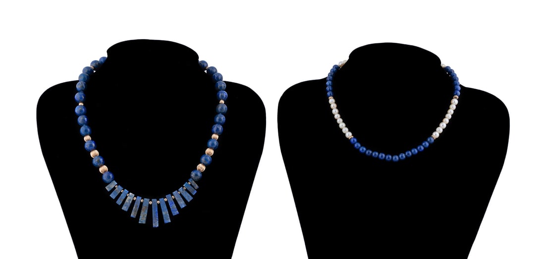 Two Lapis & Yellow Gold Bead Necklaces: Comprising one with fluted 14k yellow gold round beads and one with pearls and 14k yellow gold fluted disks. Both clasps stamped 14k. Approximate dimensions: With Pearls: l. 14.5 in With gold beads: l