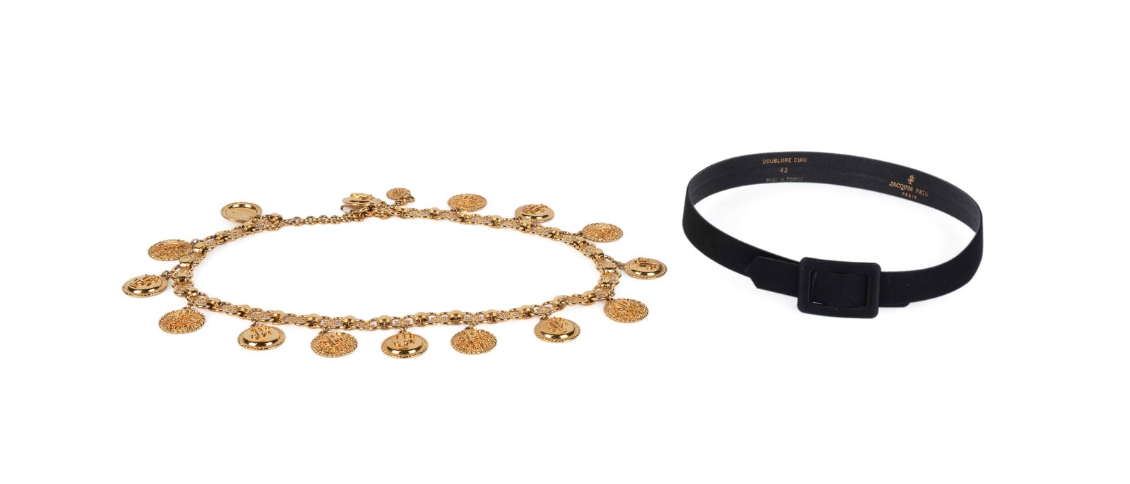 Two Vintage Jacques Fath Belts, Black and Gold: Jacques Fath (French, founded 1937). One gold toned chain belt with JF logo medallion charms and adjustable hook closure; one black satin belt with leather lining, rectangular buckle, and interior hoo