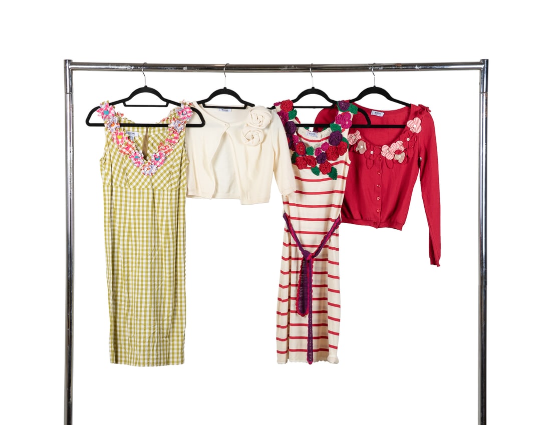 Moschino Cheap and Chic Floral Applique Group: Moschino (Italian, founded 1983), Cheap and Chic diffusion line. Four pieces of women's clothing comprising one red and white striped knit dress with knit floral applique to collar, crochet tie waist 