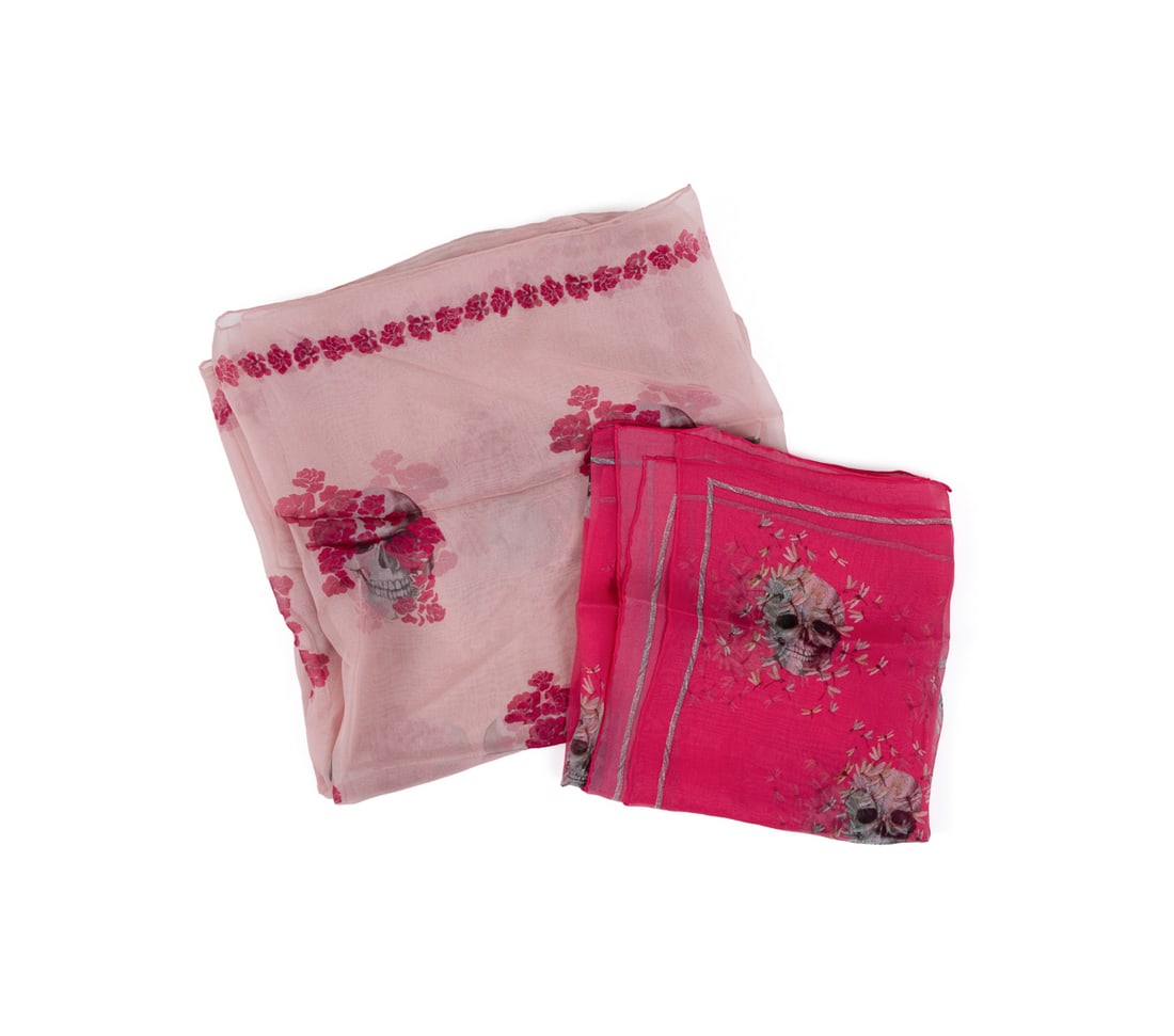 Alexander McQueen, Two Skull Pink Silk Scarves (1 of 13)
