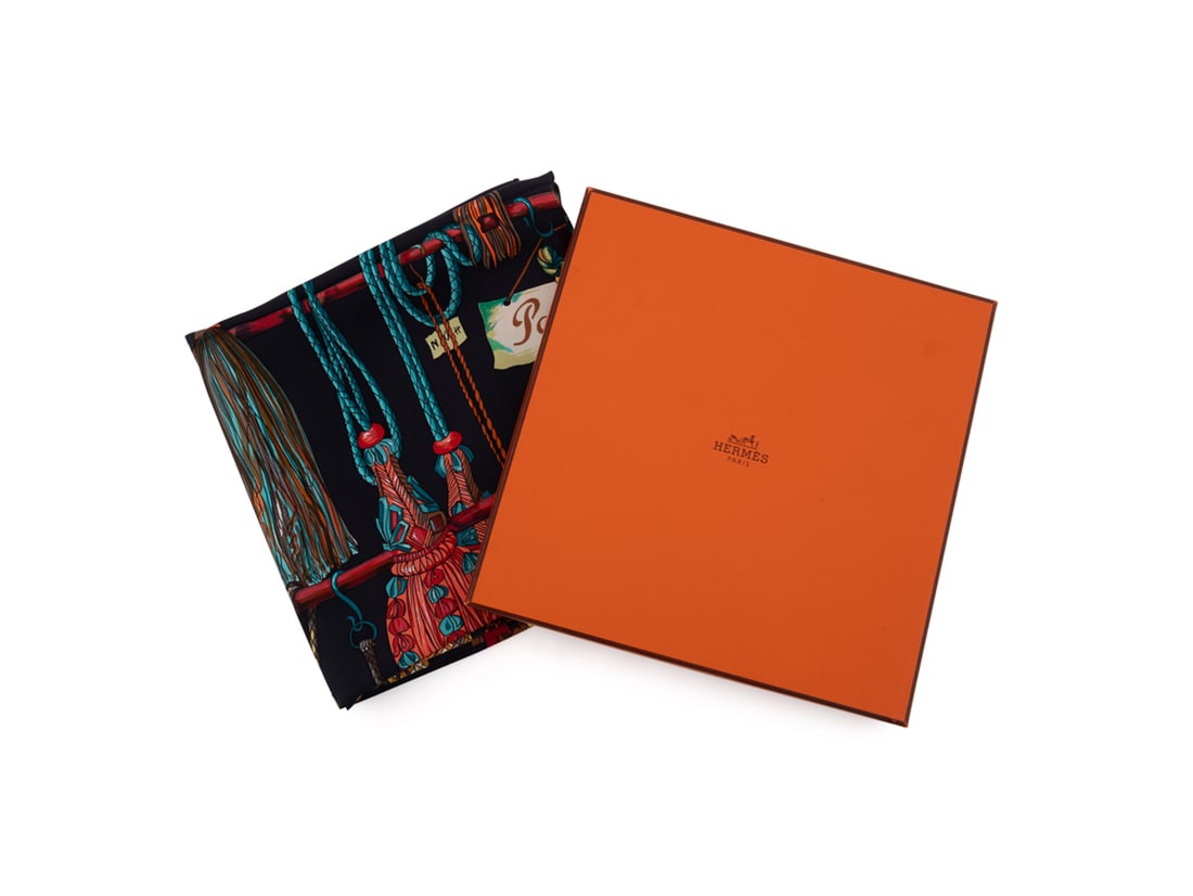 Hermes, "Passementerie" Silk Scarf, Navy: Marie-Françoise Héron for Hermes (French, founded 1837). "Passementerie" 100% silk scarf in navy, appropriately marked, with original care tag, with orange Hermes box. Approximate dimensions: 34 1/4