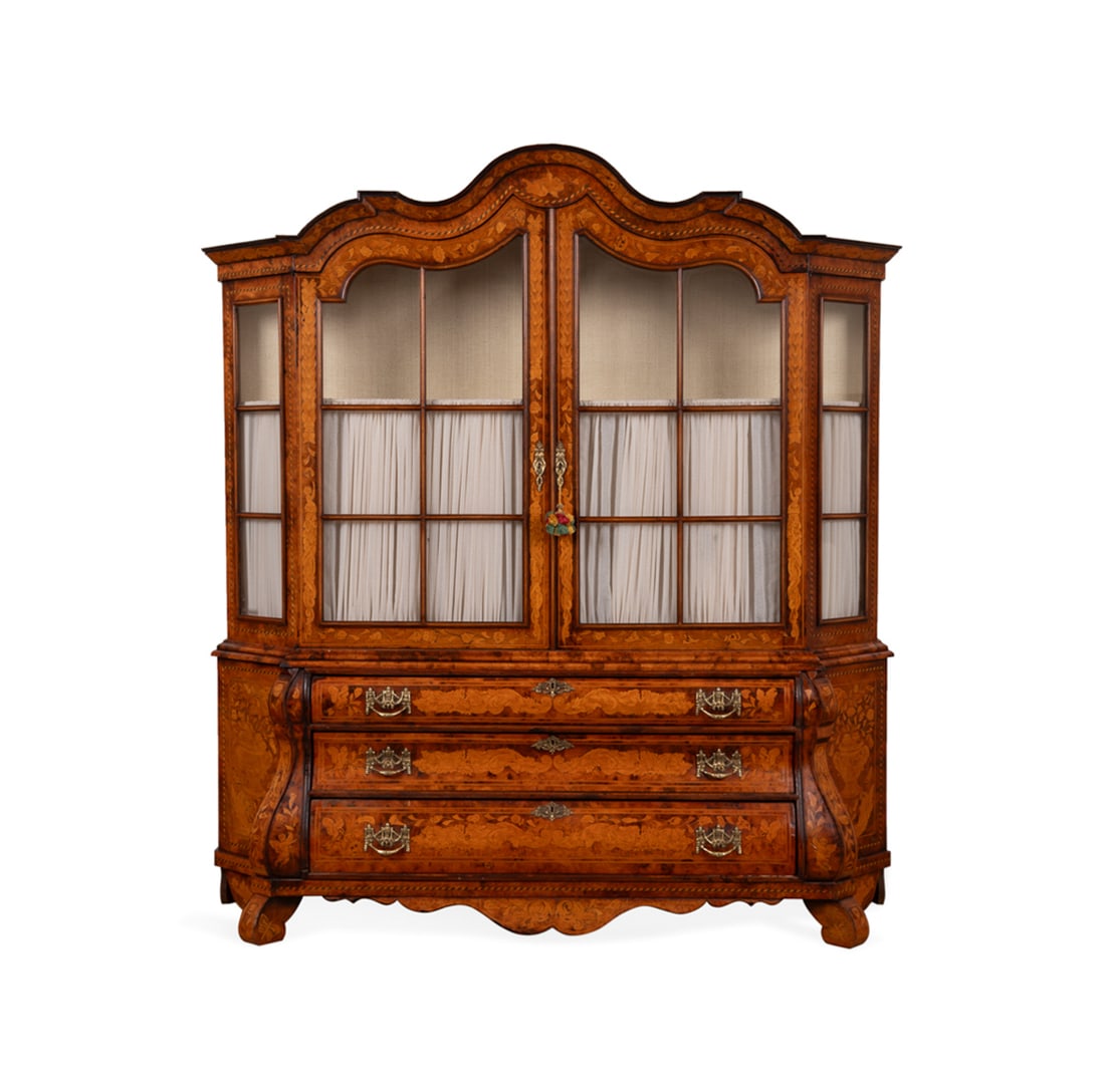 19th C. Baroque Marquetry Bombe Display Cabinet: 19th C. Baroque Marquetry Bombe Display Cabinet Having a shaped cornice, glazed doors, barber pole banding, floral, foliate, and insect marquetry, supported on a three drawer case with a scalloped apr