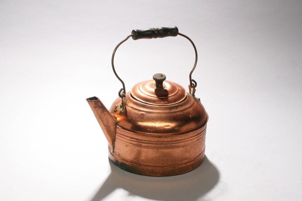 Copper Teapot with Wooden Handle: Antique copper tea pot 11"H x 11" in diameter