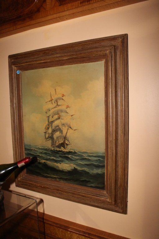 Sailing Ship Painting: A framed painting of a sailing ship in calm seas.32"H x 24'W