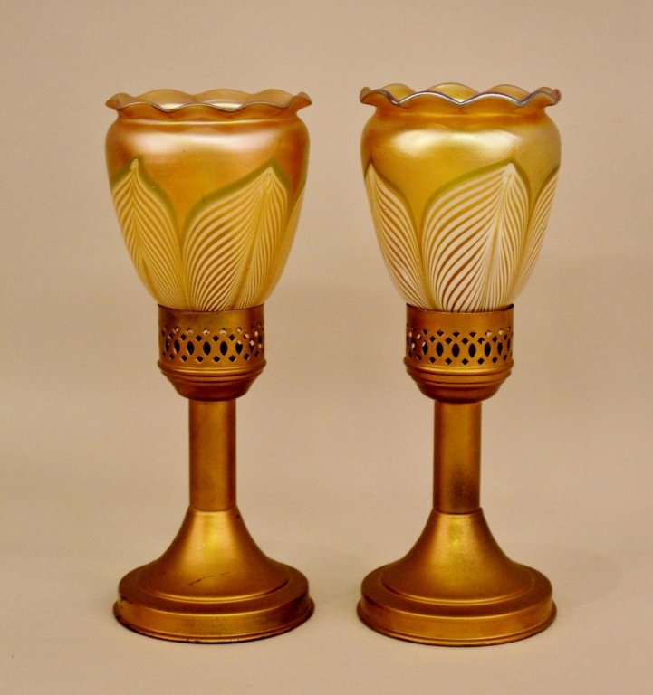Pair of Lamps with Steuben Style Shades.: Similar to Steuben pulled feather form shades. One shade signed "Lustre Art" on rim, the other unsigned. Marked on bottom "MASON CANDLELIGHT CO., MIDDLESEX, N.J." Pair of lamps intended for candle use