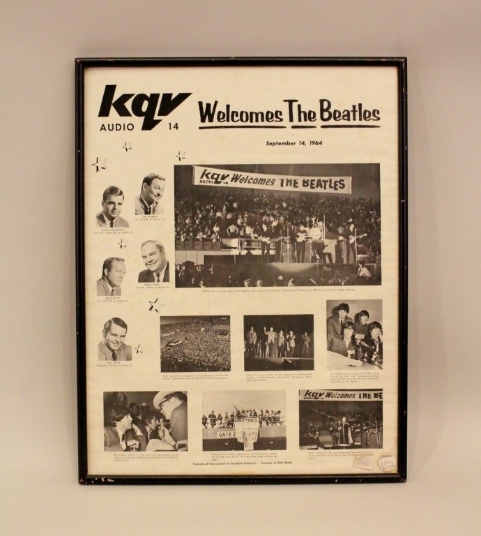 KQV "Welcomes The Beatles" Poster.: A KQV Audio Welcomes The Beatles, September 14, 1964 Framed Black and White Promotional Poster. With Sotheby's sticker on glass at bottom right with "536M, 27 Aug". Framed 22.75 inches x 17.5 inches.