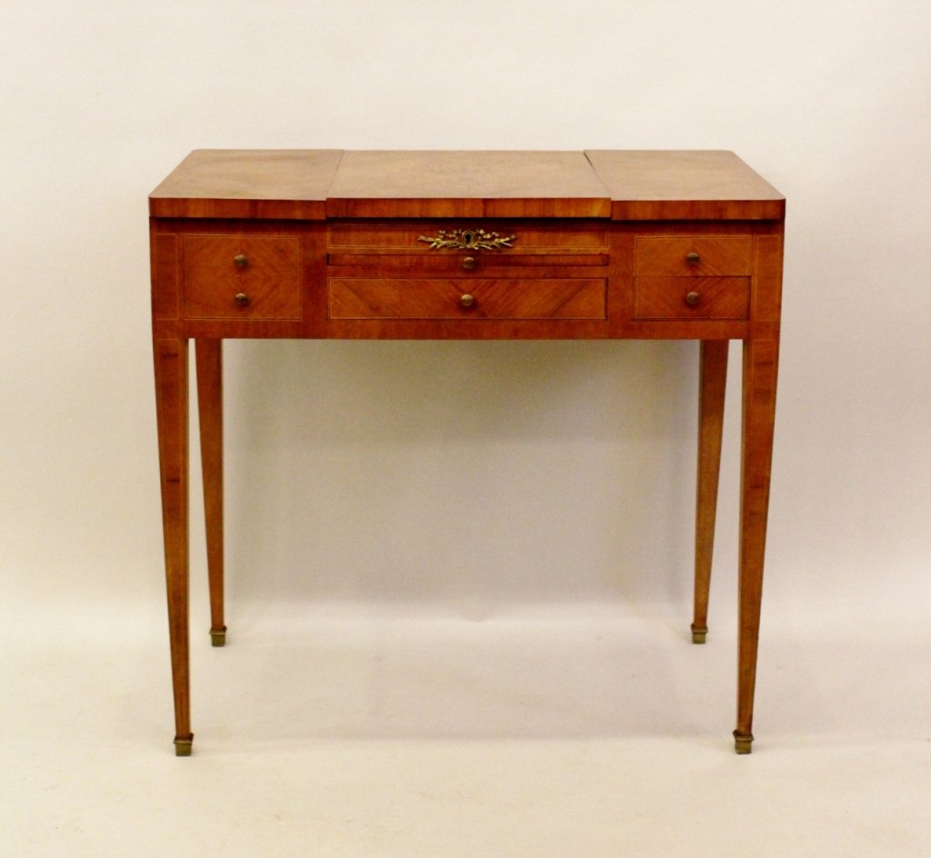 French Satinwood Inlaid Dressing Table: 46 1/2"H with mirror open, 30 1/2"H with mirror closed x 31 1/2"W x 18 1/4"D.