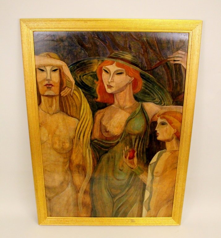 Judgement of Paris--Oil on Wood Panel: Art Deco style oil on wood panel painting depicting a woman with red hair in a dress and hat at center flanked by two nudes--the nude on the right holding a red apple. Apparently unsigned. Framed 50.5