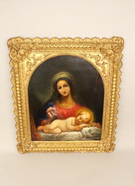 19th C. Madonna & Child Oil in Ornate Gilt Frame: Continental School,19th Century. Depicting the Virgin Mary watching over a resting baby Jesus in the foreground. Mary waves a piece of incense of the glowing child. Painting contained in an ornate gil