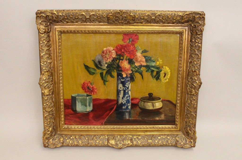 A 20th C. German School Still Life Painting.: Suzanne Eisendieck (German 1908-1998), Still Life with Pink and White Gerber Daisies and Pink Carnations in an Oriental Blue and White Table Vase, Oil on Canvas, Signed "SUZANNE EISENDIECK" lower righ