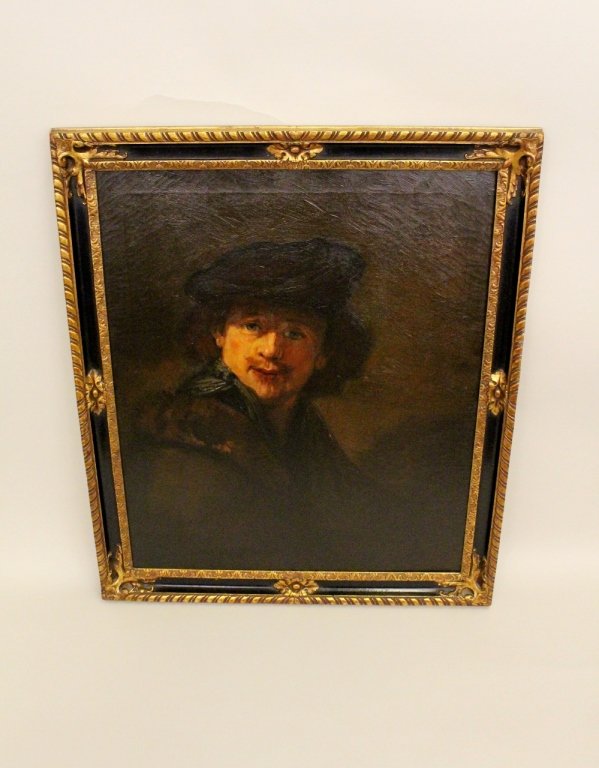 Painting After Rembrandt Self Portrait.: After Rembrandt van Rijn (Dutch 1606-1669). "Self Portrait with a Velvet Beret-1694", oil on canvas. Unsigned and after the original Dutch master's self portrait. Framed 34.75 inches x 29.75 inches. U