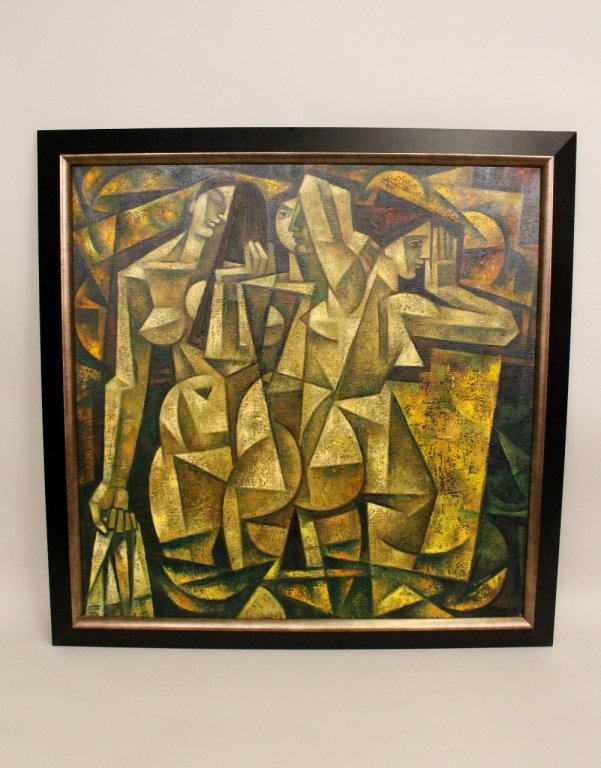 A Large Russian Cubist Style Oil of Three Nudes.: Alexandre Khanine (Russian 1955- ), "Plongeuses du Soir (Evening Divers)"-2002, oil on canvas. Of three nudes in varying poses portrayed in a cubist fashion with abstracted bodies that overlap on anot