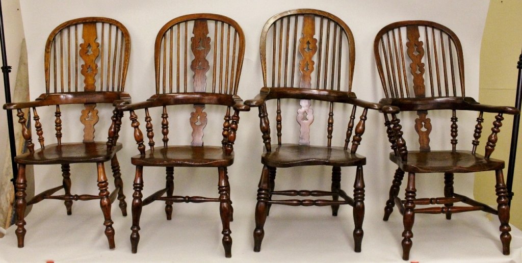 Set of Four Unmatched Windsor Armchairs: 46"H x 26"W x 17"D, seat height 18".