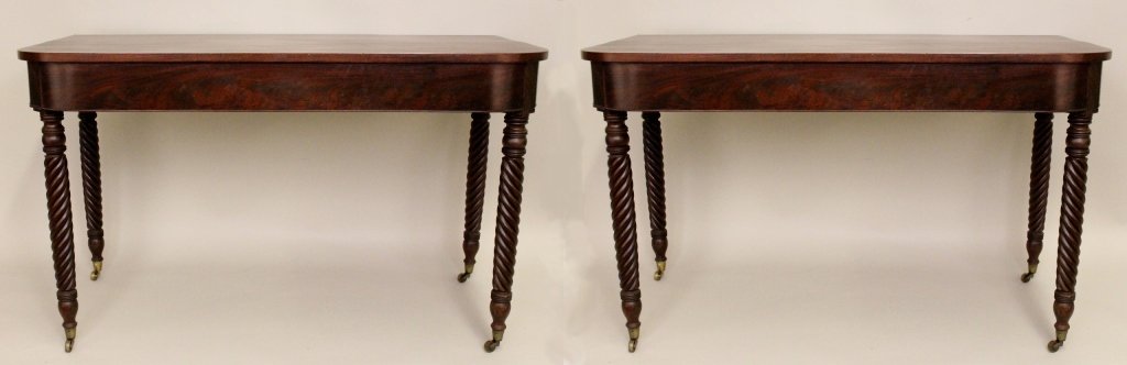 Pair of 19th C. Mahogany Demilunes with Rope Legs: Probably French. 28 1/4"H x 47 1/4"W x 23 1/4"D, each.