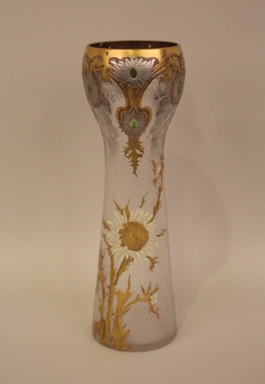 Cameo Glass Vase: Mount Joy style table vase with gold accents and floral decoration. Unmarked. Height 13.75 inches. Diameter at top 4 inches.