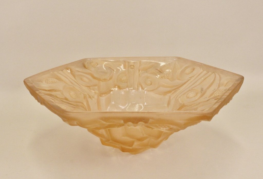 French Degue Art Deco Glass Fixture: Rose colored frosted molded glass in hexagonal form with Art Deco and floral decoration throughout. Signed on hanging glass light fixture "Degue FRANCE" and numbered 593. With three holes for hanging.