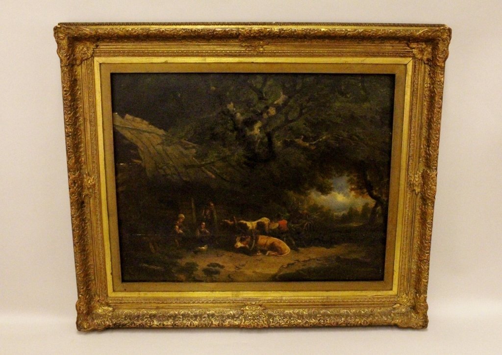 19th C. Continental School Oil: 19th century oil on wood board with a rustic view of figures and animals in the countryside. Dirt path on the right weaves to an bright opening at the end of the forest. Small cottage at left with fig