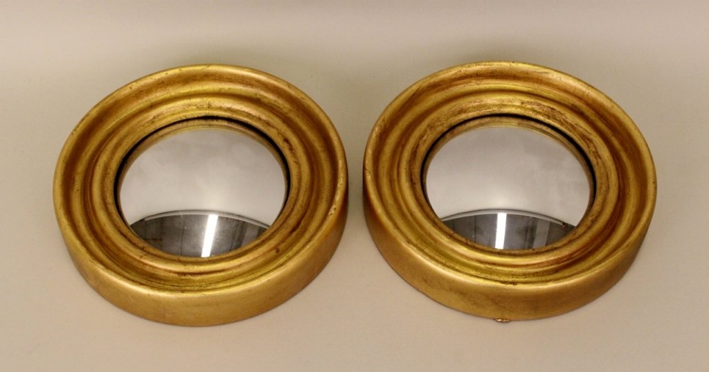 Pair of Small Contemporary Bullseye Mirrors: With gilt wood frame around convex mirrors. Diameter 8 inches.