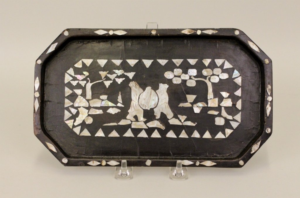 Chinese Export Papier Mache Tray: With mother of pearl inlaid decoration. 6 inches x 9.75 inches.