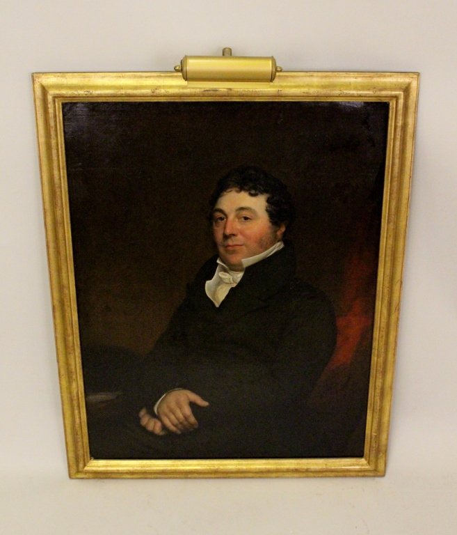 Oil on Canvas Portrait of a Gentleman, 19th C.: Continental School seated gentleman depicted from the waist up in a dark black top coat over a white collared shirt and cravat with his arms crossed in front of him and resting in his lap, lavish red 