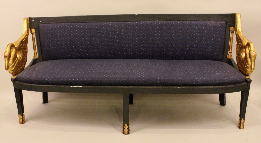 Settee with Gilt Wood Swan Bird Arms: French, 20th century. Settee in Empire style with dark blue upholstery. Height 33.5 inches, length 77 inches, depth 19 inches. 18 inches seat to floor.