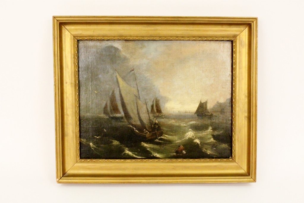 19th C. Marine Oil, Attr. to Edward Duncan: Attributed to Edward Duncan (British 1803-1882). Oil on canvas marine painting depicting a harbor with a group of sail boats on a rough sea. The sailboat at front left has three men inside and is flan