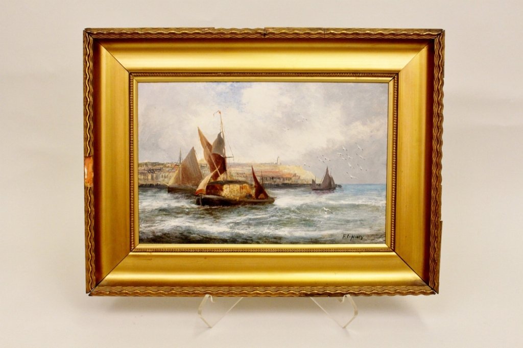 Continental School Marine Oil Painting: Depicting sailboats in the foreground with a flock of seagulls on the right. A city is loosely depicted in the background emerging out of a cliff side. Signed lower right "F.C. Hines". Framed 15 inche