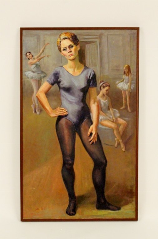 Dorothy Poole Oil of a Dancer: Dorothy Gay Poole (American, 20th century). Oil on canvas figural portrait painting depicting a female dancer in a dark blue short sleeved leotard and dark tights in a ballet studio with three other f