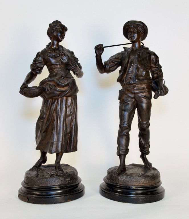 Pair of Spelter Figures, Adolphe Jean Lavergne: Adolphe Jean Lavergne (French 1892-1969). Two spelter figural cropper sculptures "Moissonneuse" and "Moissonneur". Each figure depicted standing at full length holding objects in both hands and in the