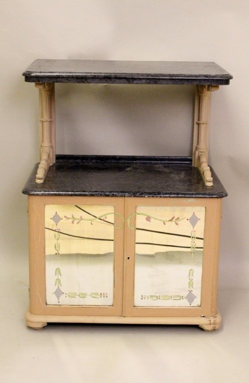 Step Down End Table with Painted Finish: having two etched mirrored glass doors below a faux marble shelf sitting on bun feet