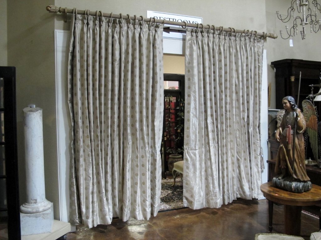 Pair of Grey-Cream Silk Drapes w/Custom Rod: American, Contemporary. Two matching luxurious silk curtains in grey-cream colored fabric with polka dot or moon phase decoration in grey and silver. Drapes with silk corded and tasseled tie backs. Ha