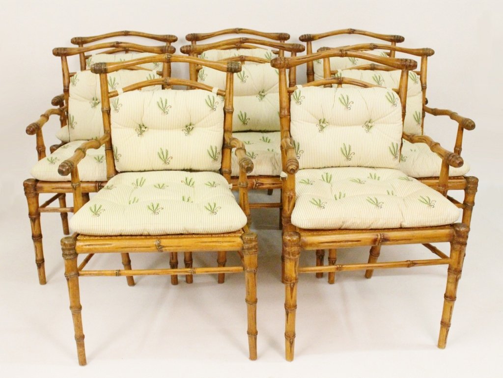 Set of Eight Carved Wood Bamboo Motif & Caned Armchairs: Set of eight matching bamboo motif armchairs with caned seats. Chairs with green and cream stripe with embroidered plant motif upholstery on attachable cushions on back and seat. Height 36 inches, wid