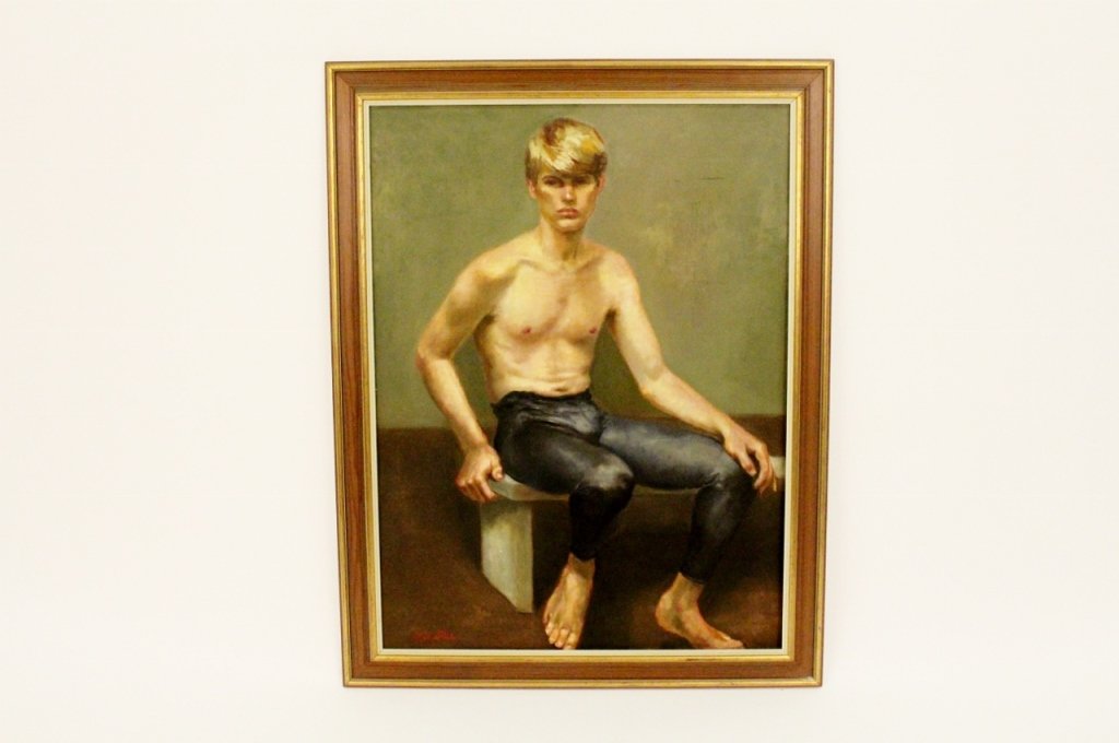Dorothy Poole Oil of a Seated Young Man: Dorothy Gay Poole (American, 20th century). Oil on canvas painting depicting a shirtless seated young man with blonde hair wearing dark blue to gray leggings seated on a low bench in a stark interior.