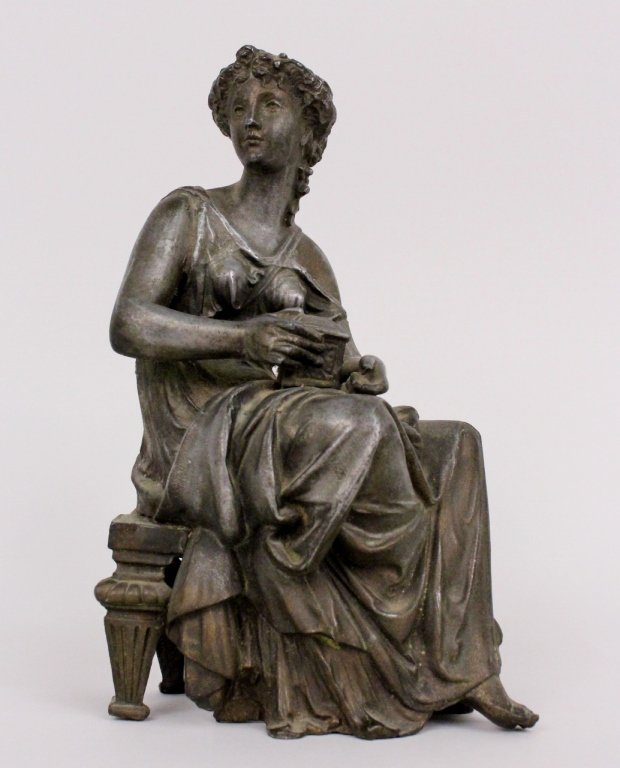 Victorian Spelter Sculpture of a Woman: Small sculpture depicts a Neoclassical young beauty seated on a rectangular bench with fluted legs in a long sleeveless dress with wet drapery. Figure holds a lidded box in her lap. Unmarked. Height 8