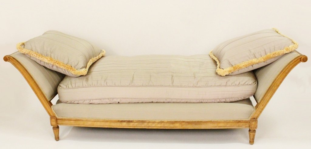 Louis XVI Style Silk Upholstered Chaise, 19th C.: French, 19th century. Louis XVI style chaise lounge or daybed with splayed arms. Carved walnut frame upholstered in luxurious light green silk fabric. Height 26.5 inches, width 83 inches, depth 27.75