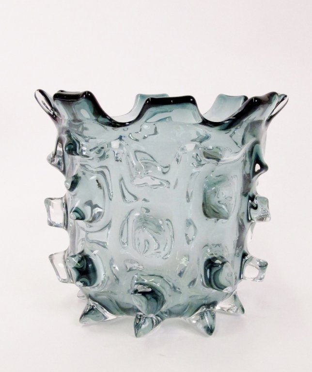 Blue Hobnail Art Glass Vase: 20th century, possibly Italian. Table vase in pale sea blue colored glass with nine columns and four rows of hobnail-like decorative spiked protrusions with a flared top. Unmarked. Height 9 inches. Di