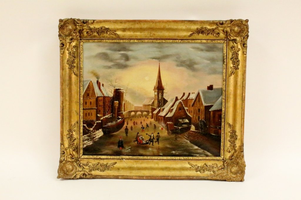 19th C. Continental School Winter Skating Oil: Possibly Dutch. Oil on canvas painting depicting a Northern European village in winter with snow topped roofs and a frozen river at center with an arched bridge and steepled church in the background. 