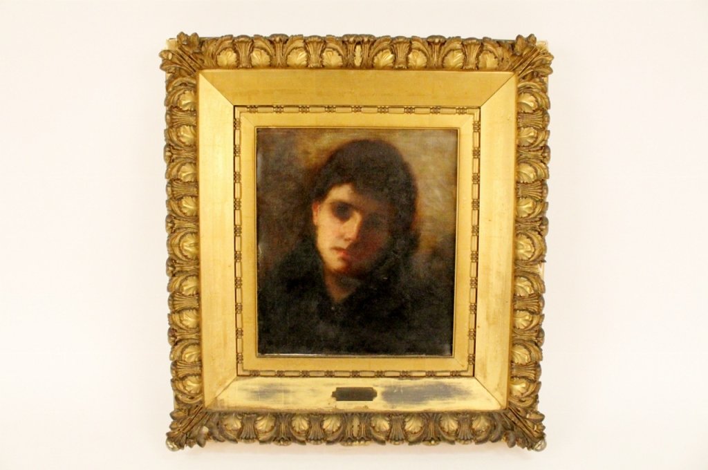 Frederick James Boston Portrait Oil: Frederick James Boston (American 1855-1932). Oil on canvas laid down on wrapped canvas depicting a bust portrait of a young woman with dark hair and clothes. Signed lower right "FRED J. BOSTON". Frame