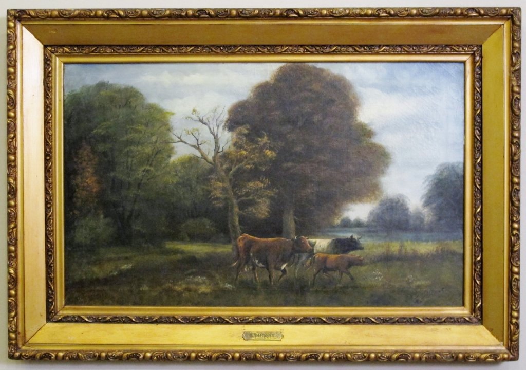 American 19th C. Pastoral Oil, Signed: American, 19th century. Oil on canvas painting depicting three cows grazing in an lush outdoor pasture landscape or environment. Signed lower right "G. Durant" and with metal artist name plaque on fra