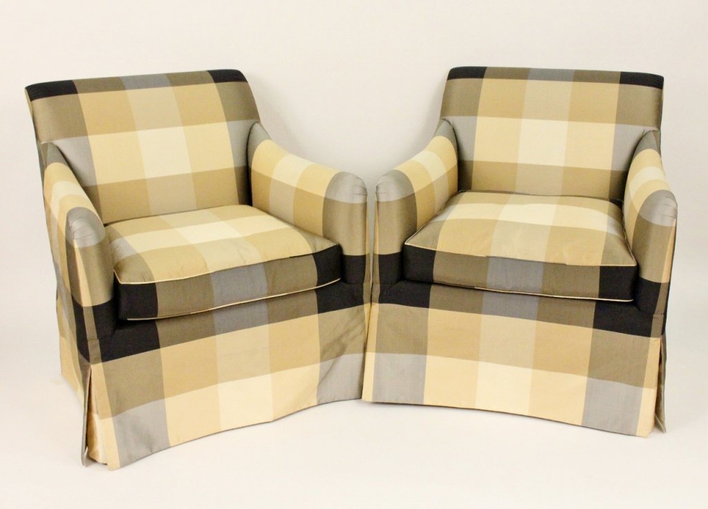 Pair of Rose Tarlow Silk Upholstered Club Chairs: Rose Tarlow, Melrose House--American, Contemporary. Two matching designer Rose Tarlow club chairs upholstered in J. Robert Scott silk fabric in color blocked neutral tones of cream, tan, slate, umber,