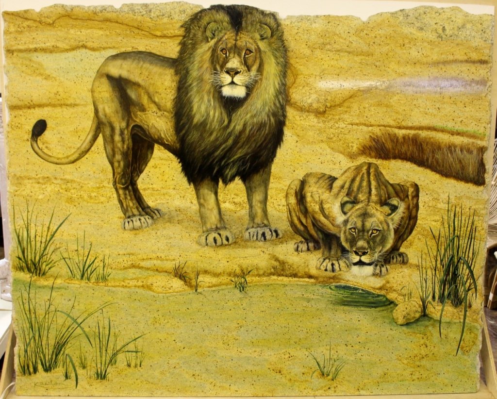 Gary Kaelon "Marsh Lions" Monumental Painting: Gary Kaelon (American 1944-2002), "Marsh Lions". Oil, acrylic and lacquer on kashmir gold granite. Painting depicting an African lion with a large regal mane standing in an alert disposition by water'