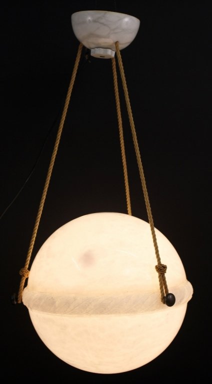 Alabaster Orb Form Light Fixture: Light fixture composed of white alabaster stone ball or orb form with ring of acanthus leaves at center below three metal knobs with yellow rope suspension from alabaster canopy. Height (from top of c